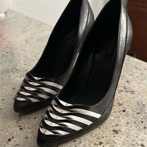 White House Black Market Black and White Striped Heels